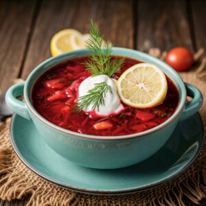 Bowl of authentic Borscht with fresh dill and sour cream