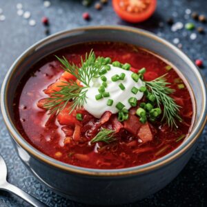 Bowl of Borscht with fresh dill and sour cream